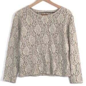 VTG Double D Ranch Wear Lace Top Women's Sz L‎ Taupe Gray Stretch Lace Textured